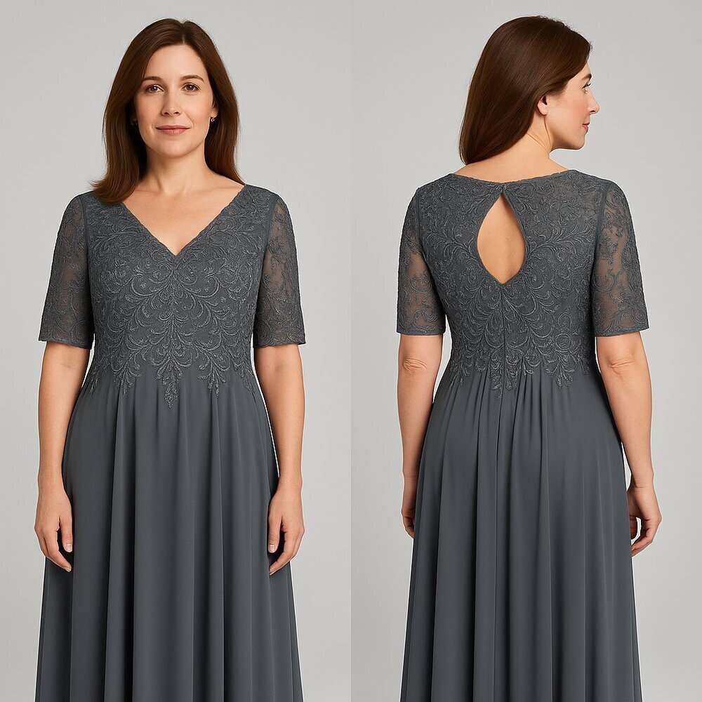 MGNY Madeline Gardner New York Evening Gown Lace Bodice Chiffon Skirt Gray Sz 12